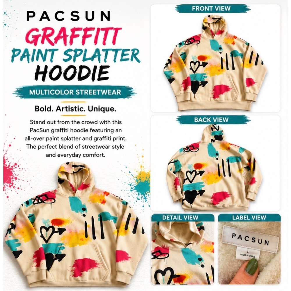 PacSun Men's Large Cream Graffiti Paint Splatter Hoodie Multicolor Streetwear L